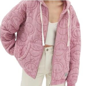 Urban Outfitters Dusty Pink Quilted Zip-Up smiley face hoodie. Size small.